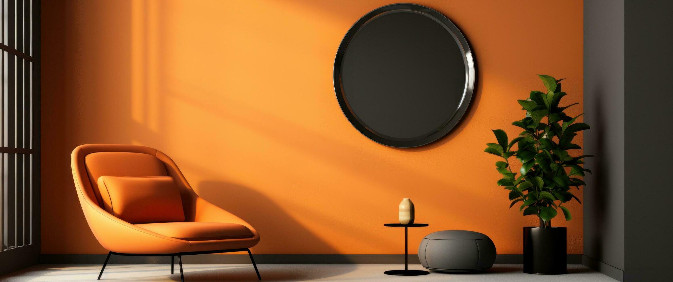 AI generated orange chair in front of oval mirror in small living room photo