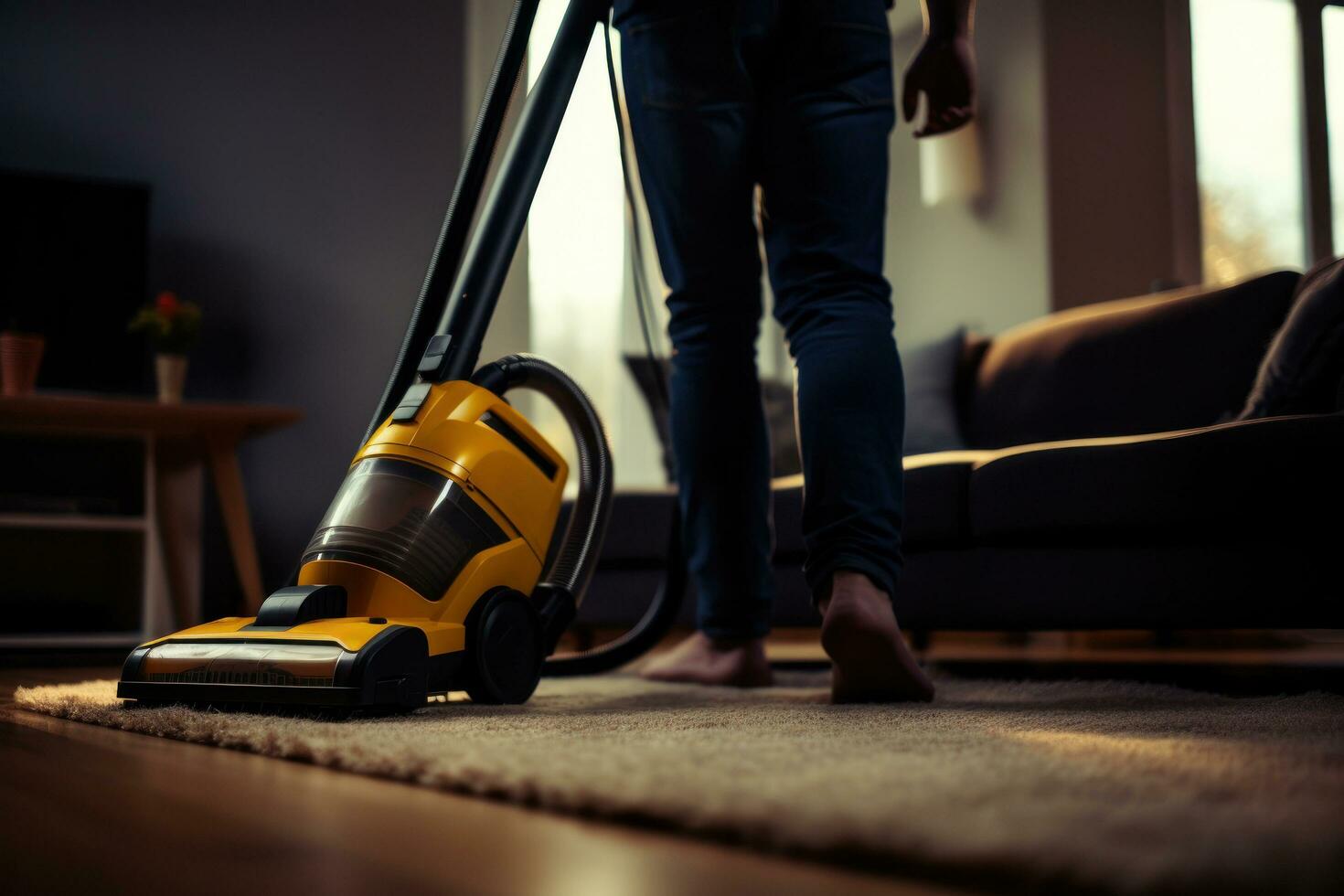 AI generated person vacuuming and cleaning a carpeting photo