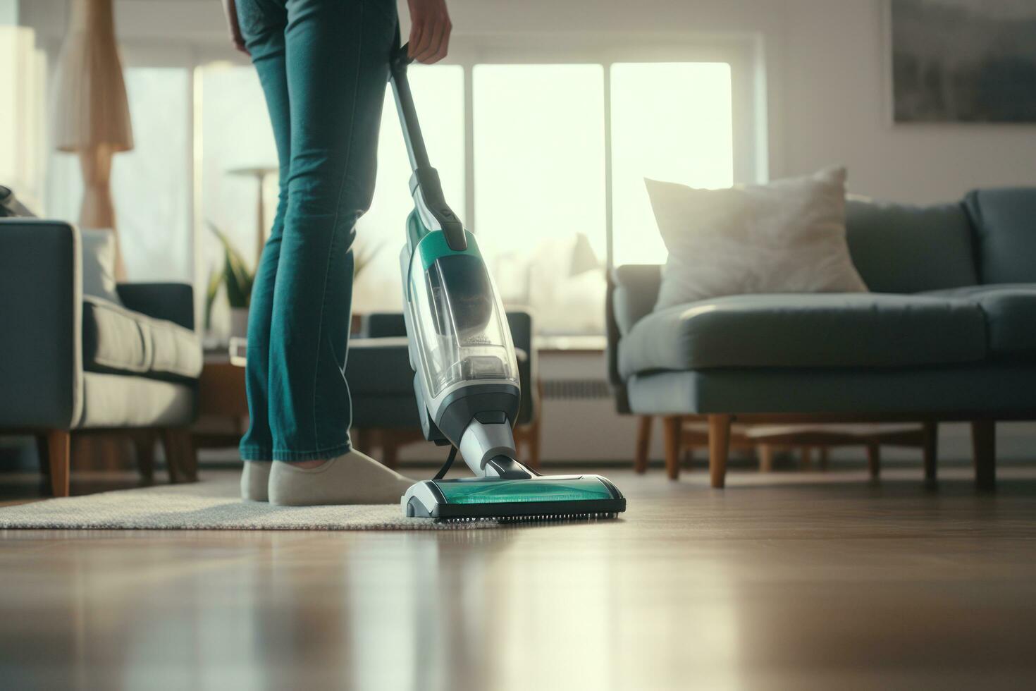 AI generated person vacuuming and cleaning a carpeting photo