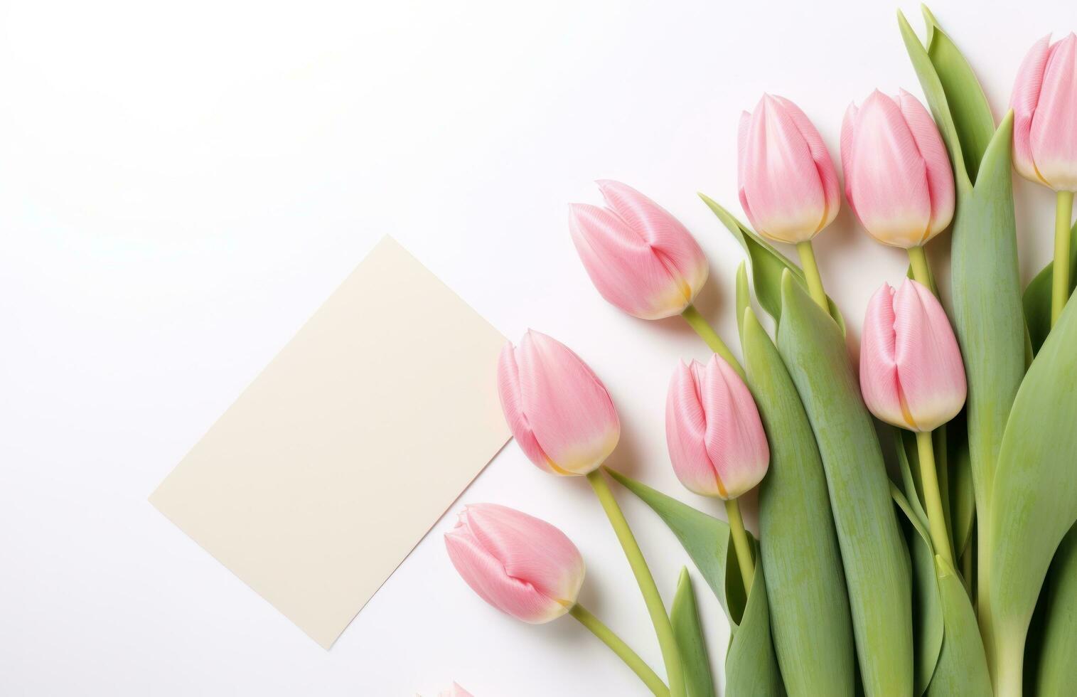 AI generated pink tulips and bows floating on a pink surface photo