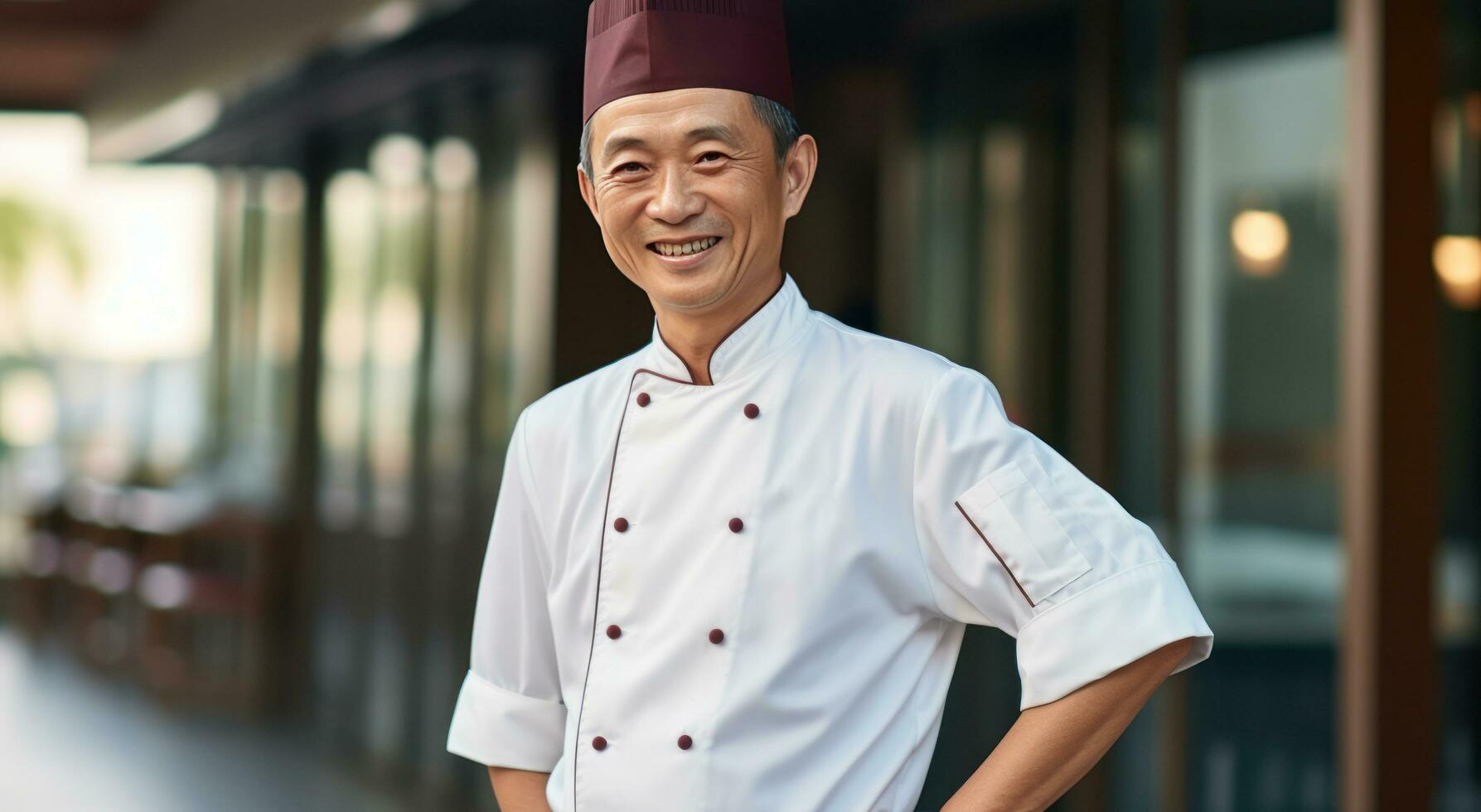 AI generated an smiling chef in front of a restaurant photo