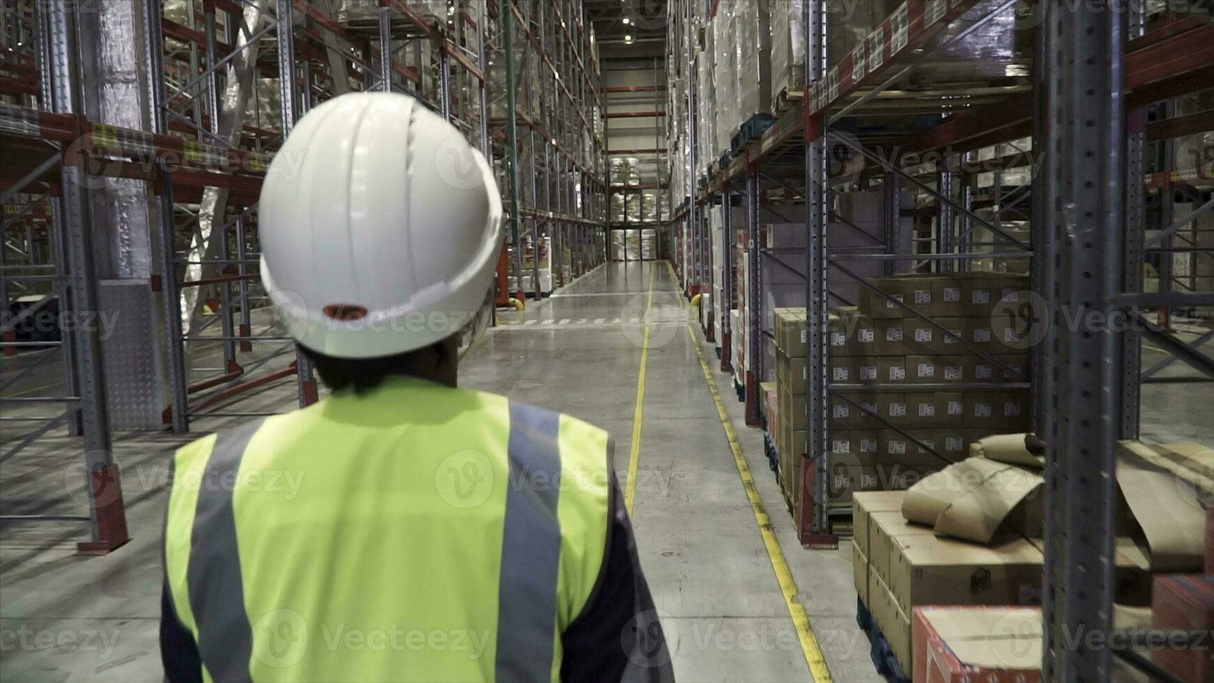 Back view portrait of warehouse manager and worker in hardhats doing stock inventory in warehouse, looking up at tall shelves with goods. Clip. Warehouse worker on hoverboard photo