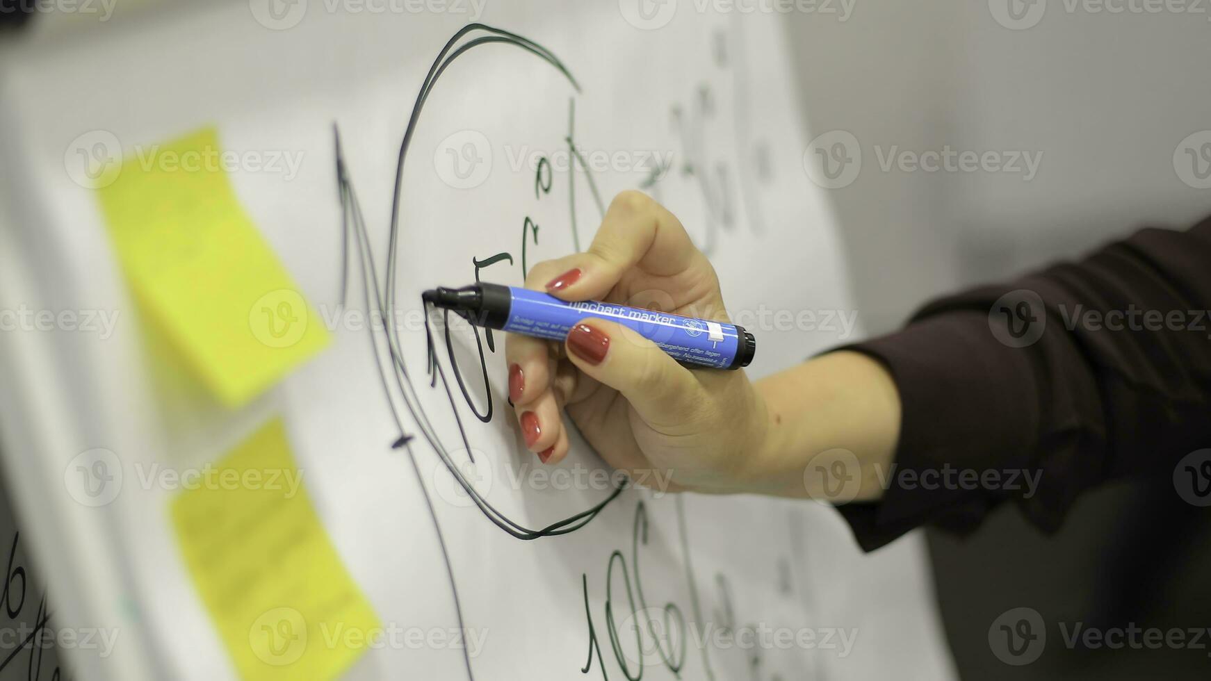 empresario poniendo su ideas en blanco tablero durante un presentación en conferencia habitación. atención en manos con marcador bolígrafo escritura en rotafolio. cerca arriba de mano con marcador y blanco tablero foto