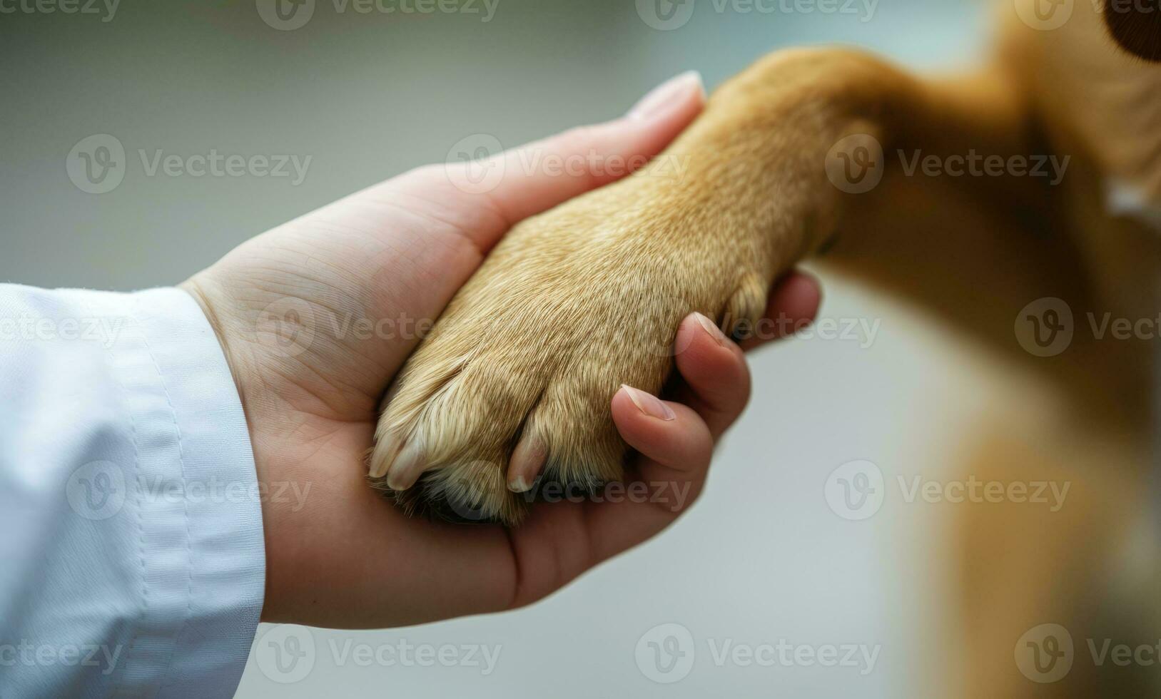 AI generated Generative AI, veterinarian hand is holding dog's claw. Dog's paw in human's hand. Domestic pet photo