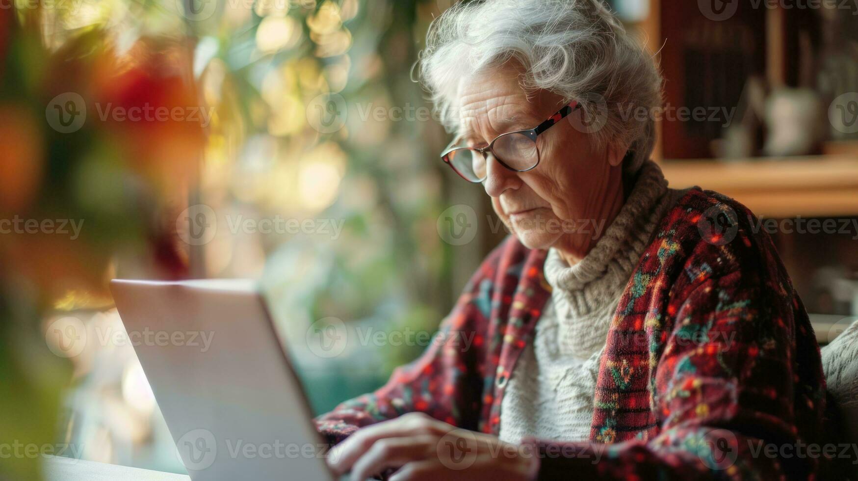AI generated Generative AI, Senior man working with a laptop computer at the table, wearing glasses, learning to use a computer photo