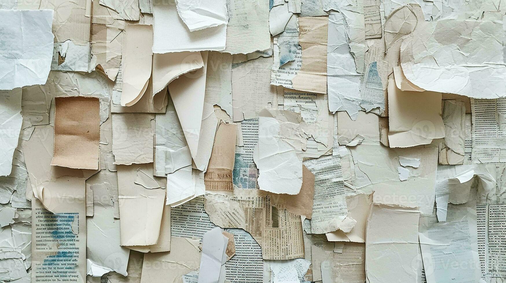 AI generated Generative AI, collage of waste paper pieces, ripped paper with torn, recycling concept photo