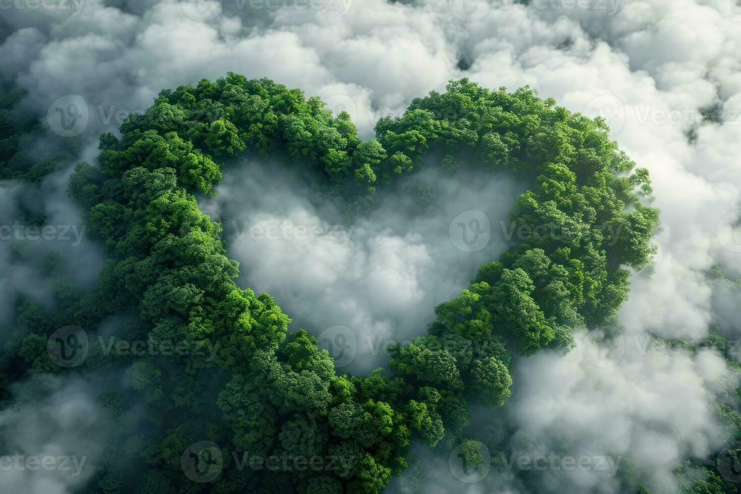 AI generated Generative AI, Green forest with heart shape, beautiful landscape with white clouds, environment love planet concept photo
