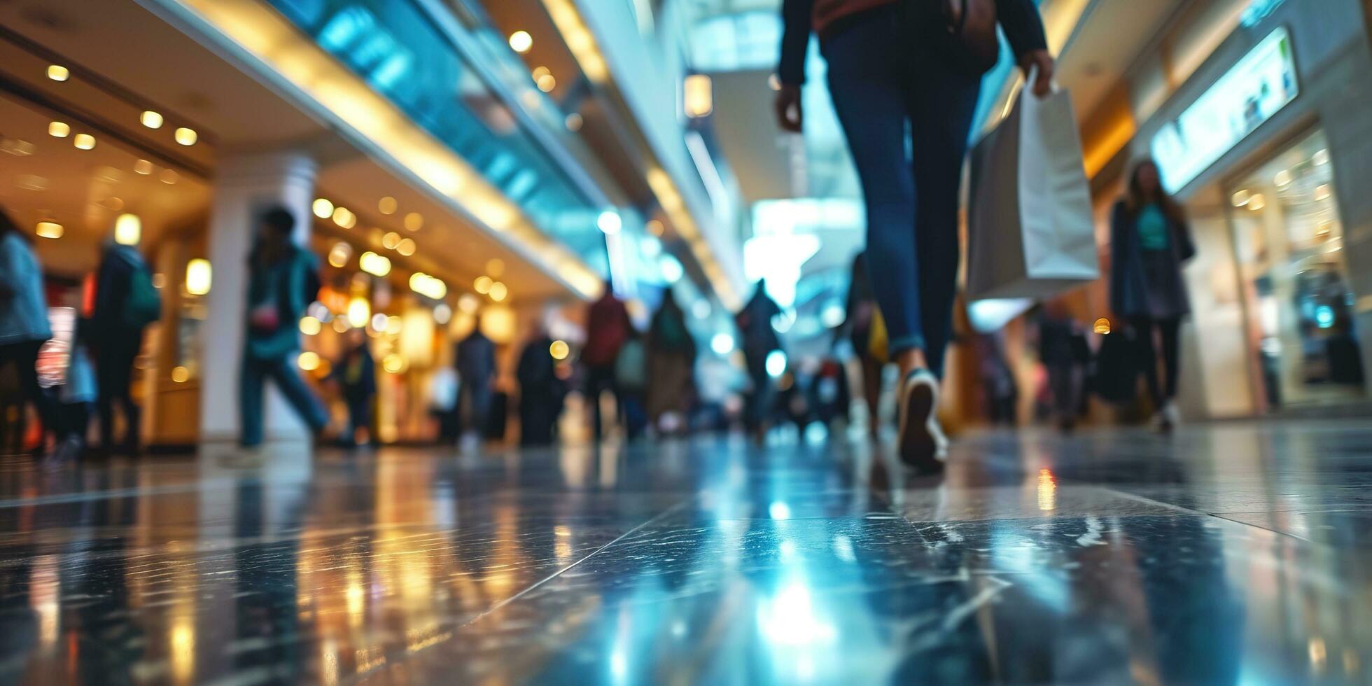 AI generated Generative AI, shopping mall with people, motion blur, blurred abstract background photo