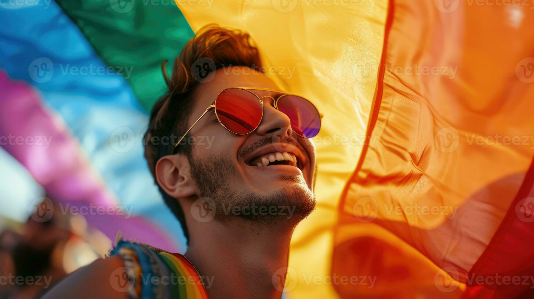 ai generado generativo ai, gay hombre sonriente con arco iris bandera, lgbt personas caminando en el calle durante el orgullo gay orgullo foto