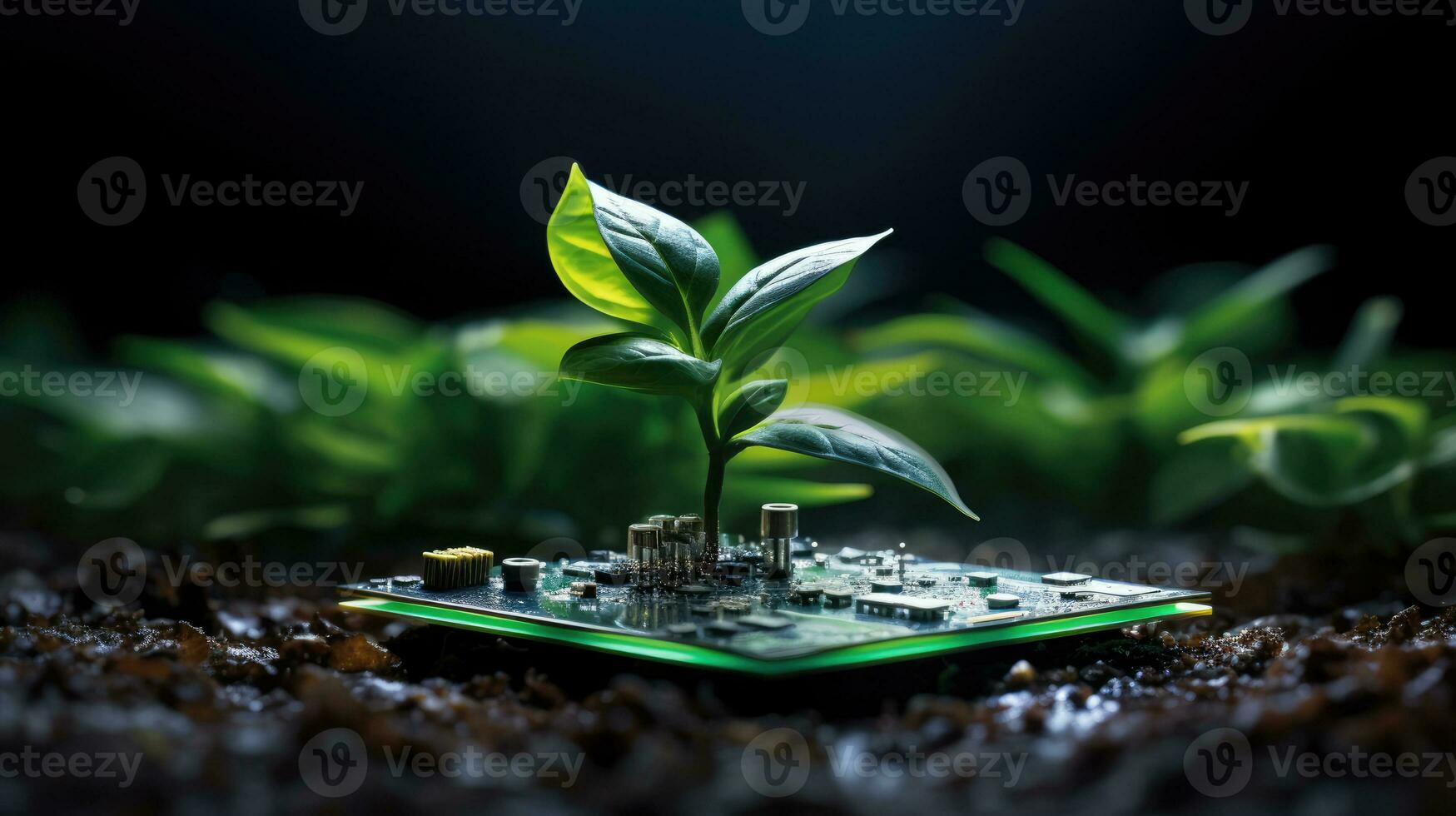 AI generated Generative AI, Plant growing from the circuit board. Ecology and environment concept photo
