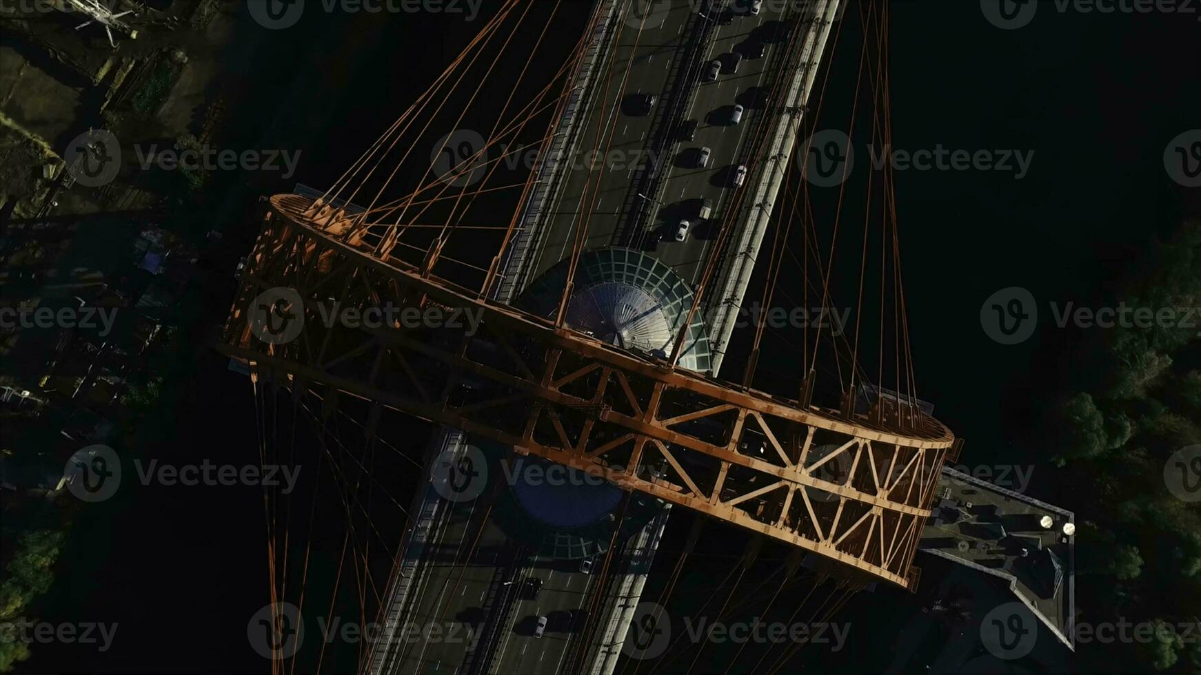 Top view of red modern Zhivopisny bridge in the summertime in Moscow, Russia. Scene. Flying over the red arc of the modern bridge in russian capital city. photo