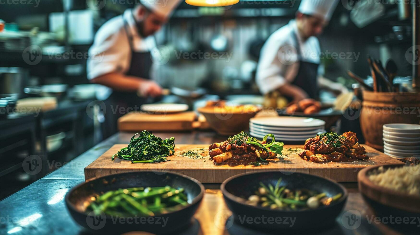 AI generated Generative AI, busy chefs working on the restaurant kitchen , blurred background photo