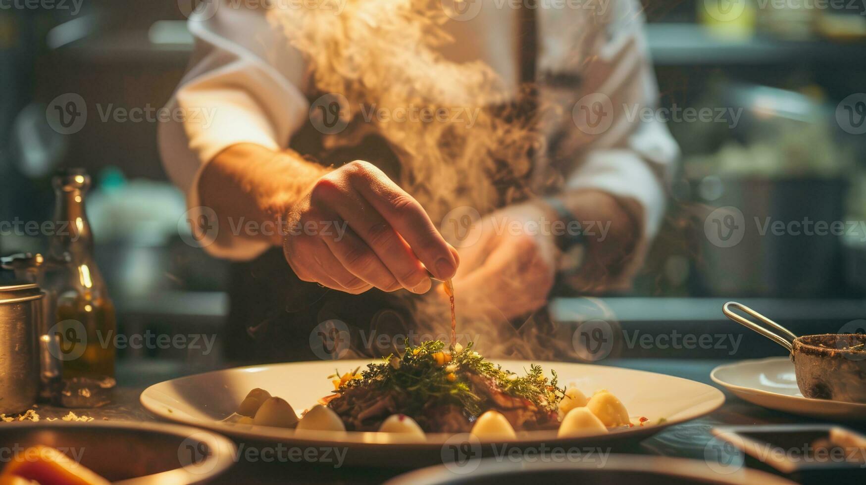 AI generated Generative AI, chef is cooking with steaming hot pan, busy restaurant kitchen photo