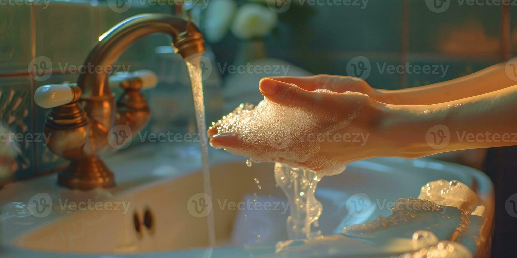 AI generated Generative AI, person washing hands with soap and water at sink, hygiene concept photo