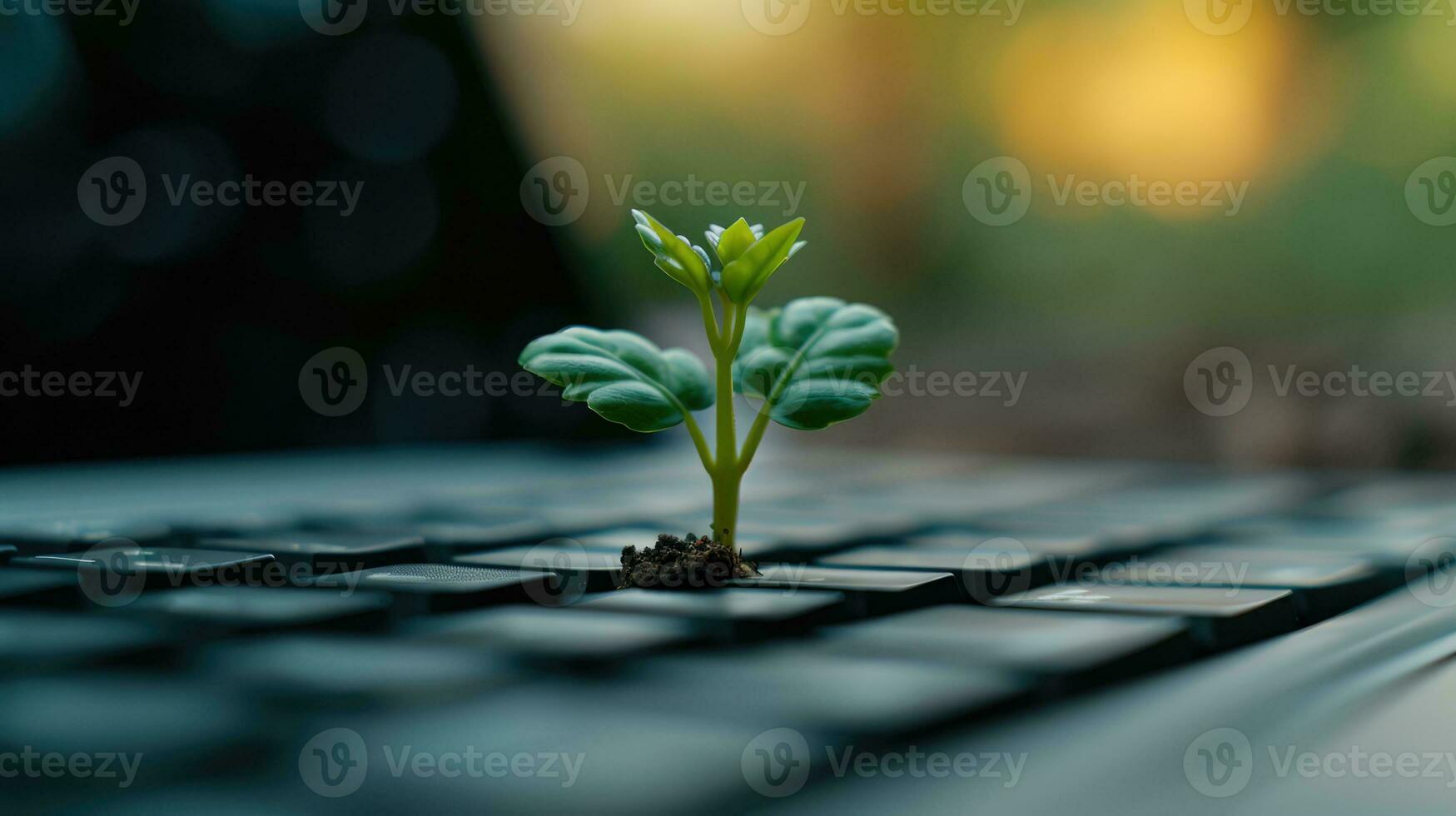 AI generated Generative AI, Plant growing from the laptop keyboard. Ecology and environment concept photo