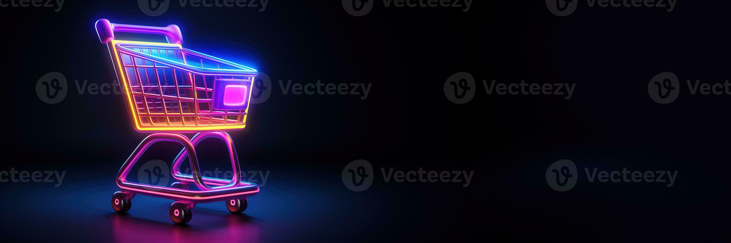 AI generated Generative AI, neon shopping cart on dark background, 80s and 90s style, minimalistic shop online, free delivery, discounts and sale concept. photo