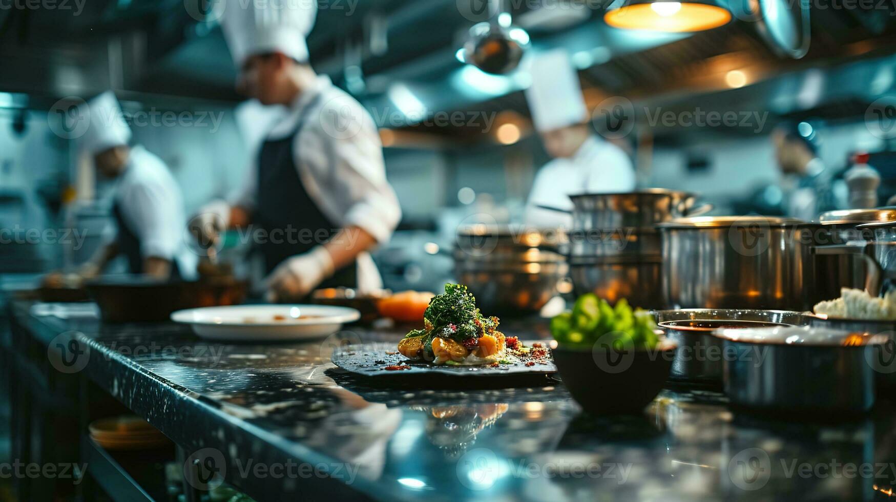 AI generated Generative AI, busy chefs working on the restaurant kitchen , blurred background photo