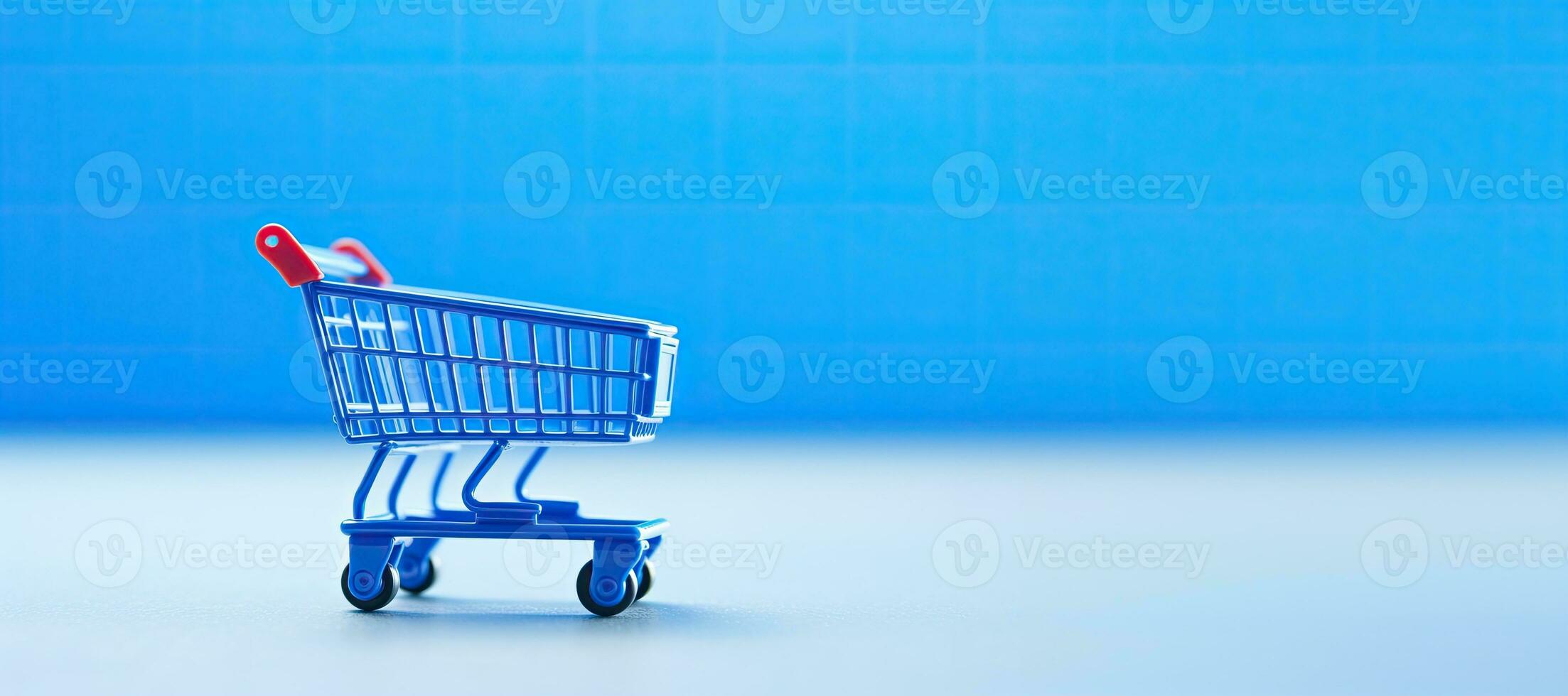 AI generated Generative AI, empty shopping cart on blue background, minimalistic shop online, free delivery, discounts and sale concept. photo