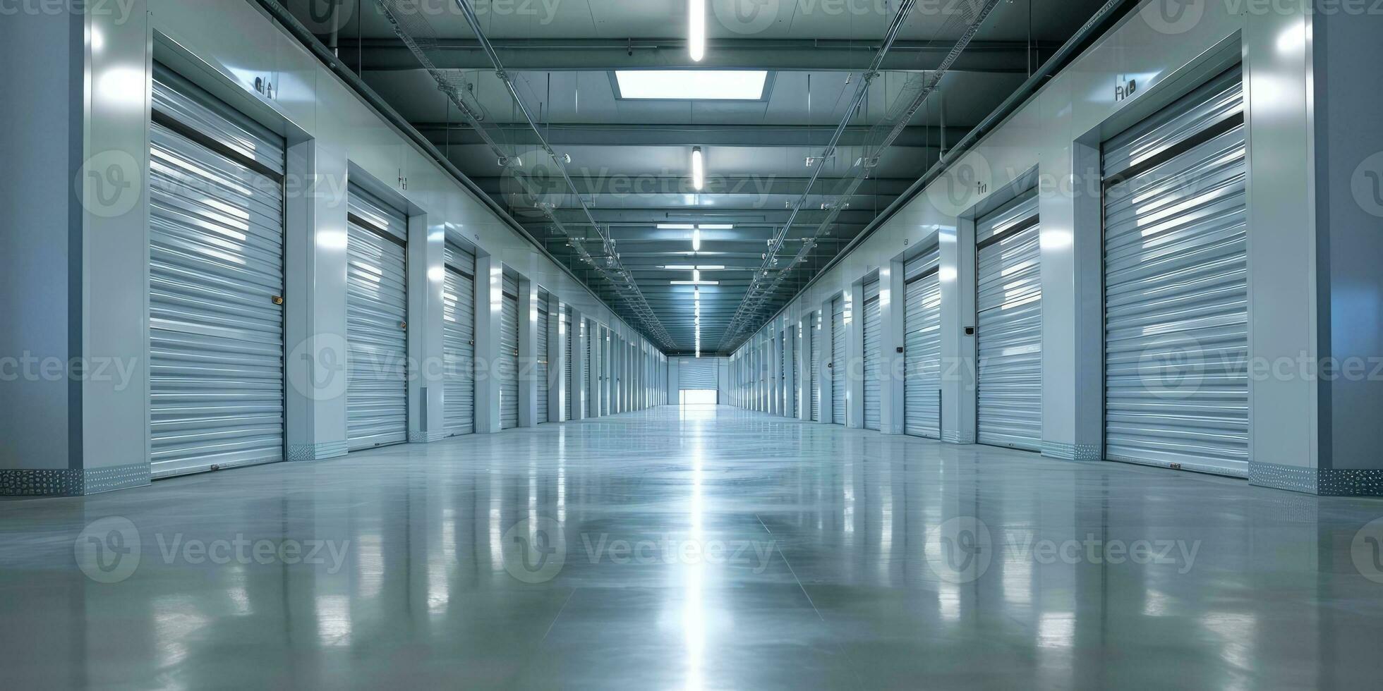 AI generated Generative AI, Mini metal self storage facilities rental units, warehouse exterior, industry garage building. photo