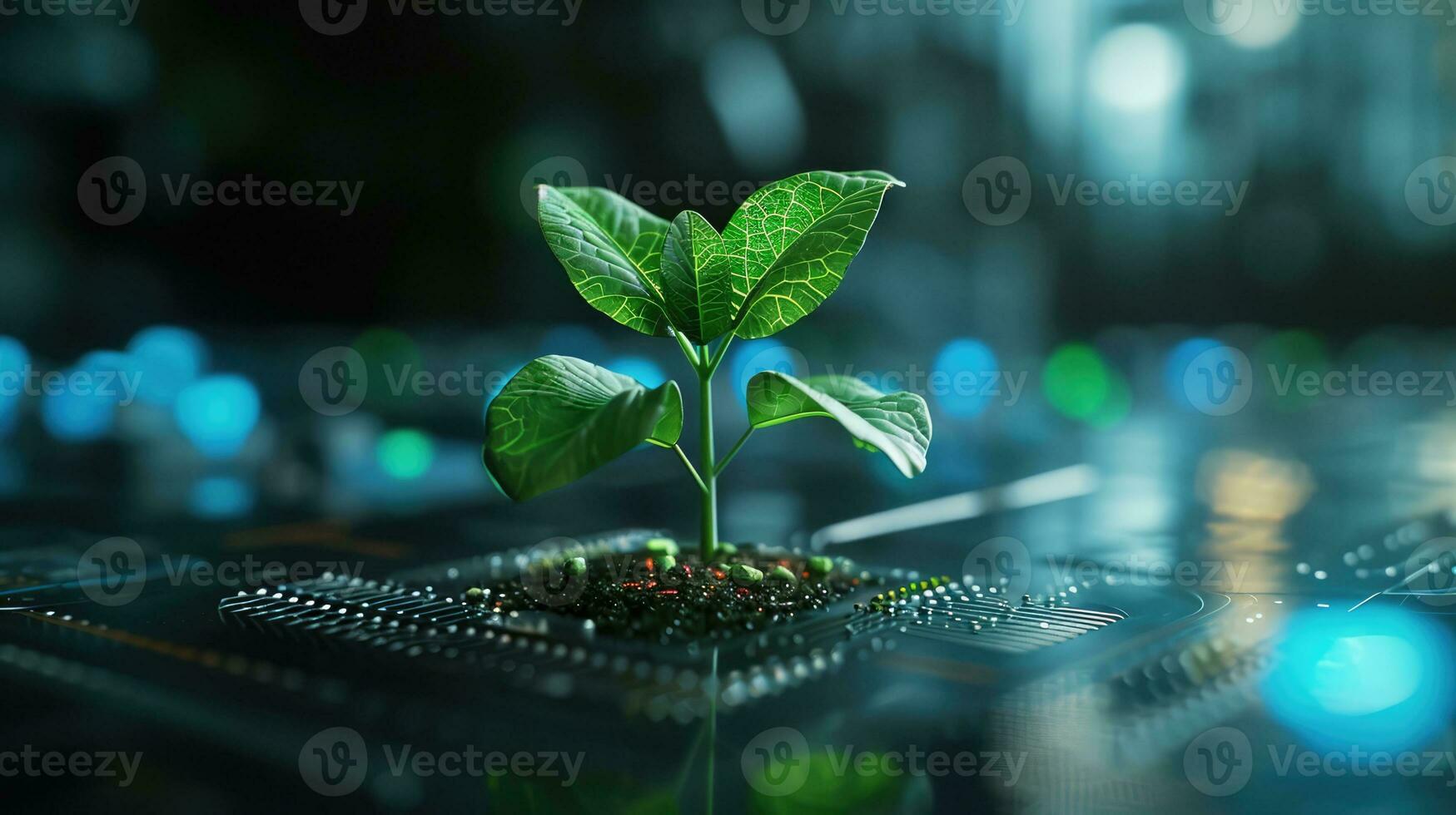 AI generated Generative AI, Plant growing from the circuit board. Ecology and environment concept photo