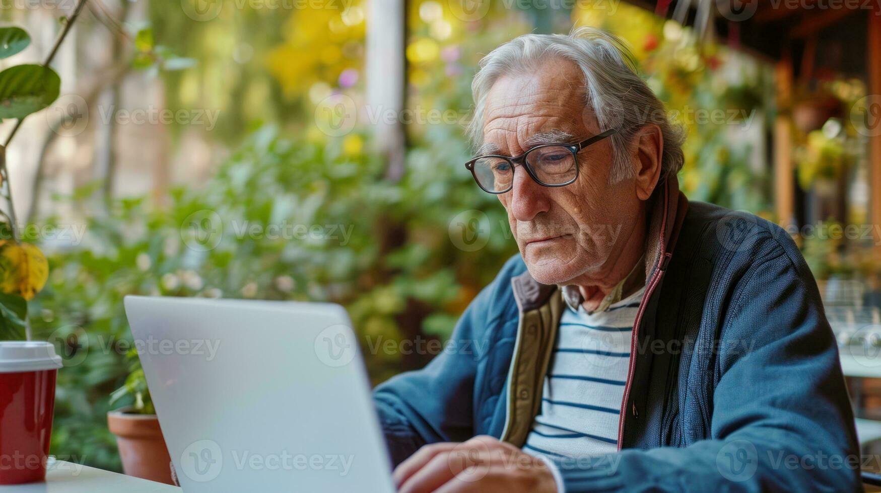 AI generated Generative AI, Senior man working with a laptop computer at the table, wearing glasses, learning to use a computer photo