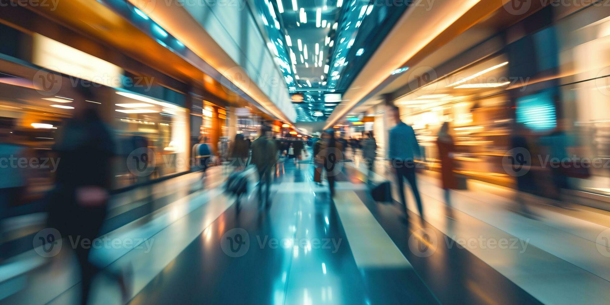 AI generated Generative AI, shopping mall with people, motion blur, blurred abstract background photo