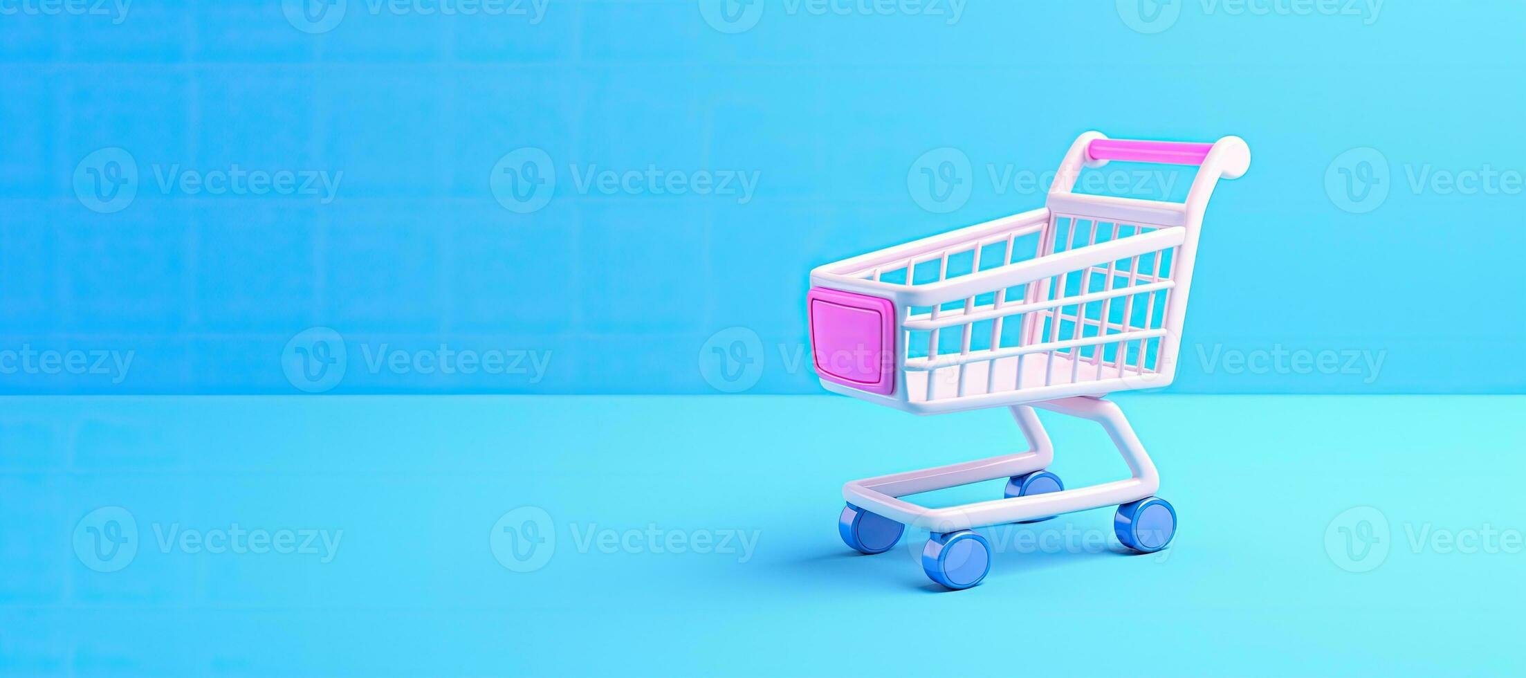 AI generated Generative AI, empty shopping cart on blue background, minimalistic shop online, free delivery, discounts and sale concept. photo