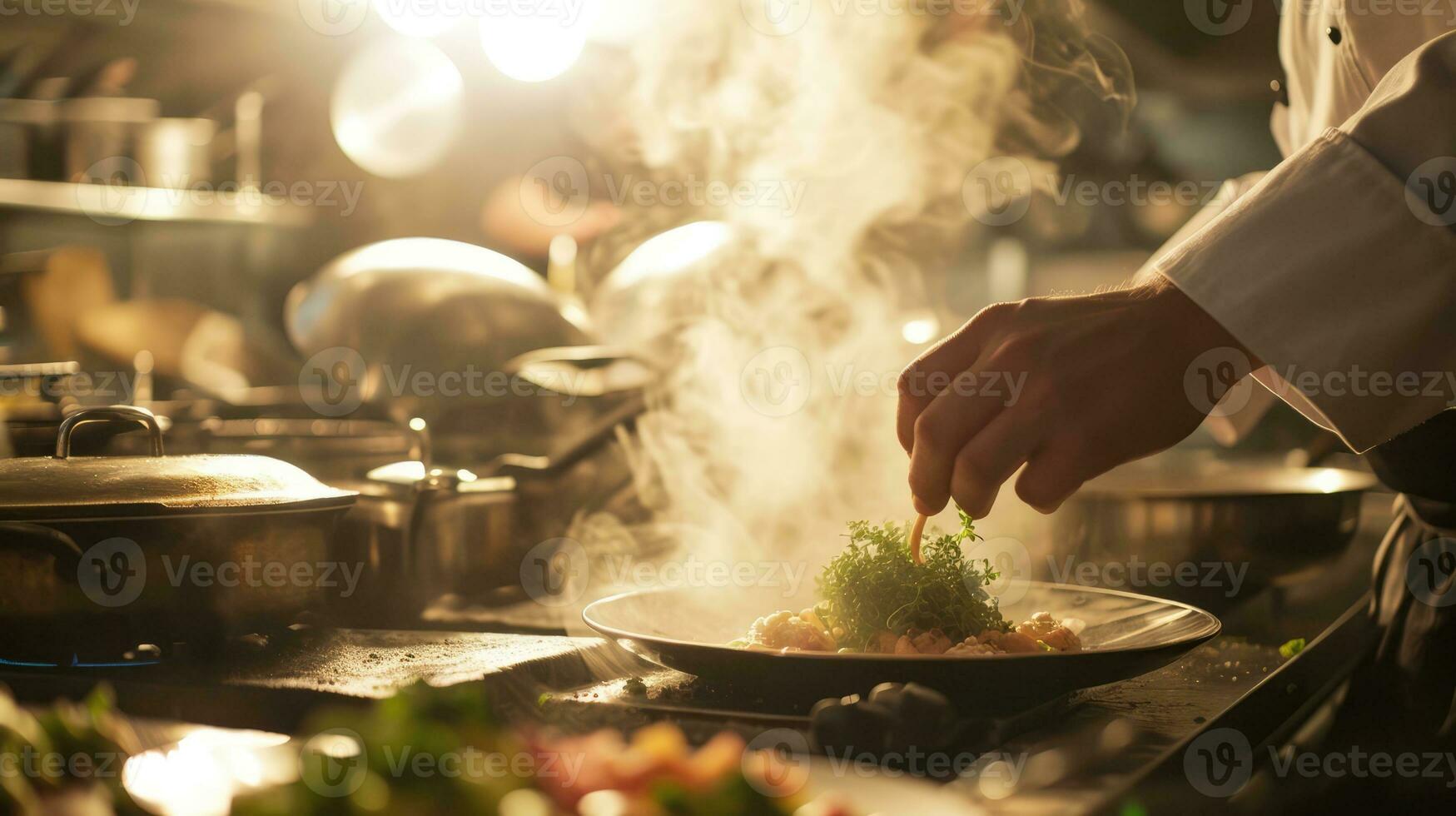 AI generated Generative AI, chef is cooking with steaming hot pan, busy restaurant kitchen photo