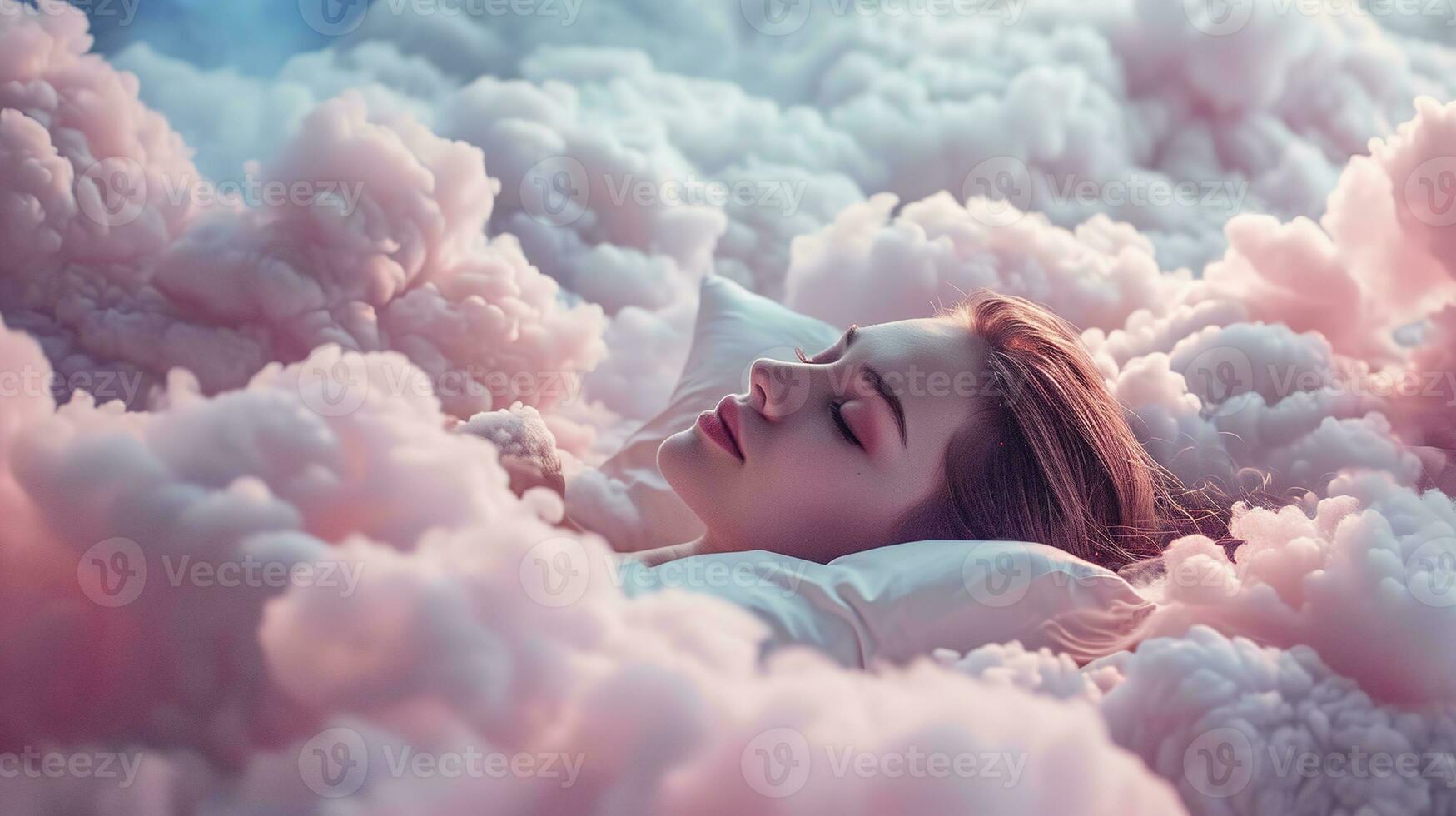 ai generado generativo ai, joven mujer son dormido rodeado por mullido algodonero rosado nubes en el cielo foto