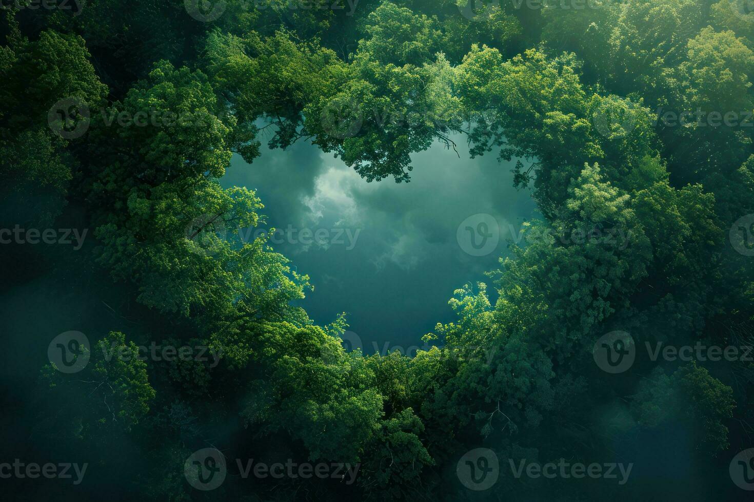 AI generated Generative AI, Green forest with heart shape, beautiful landscape with white clouds, environment love planet concept photo