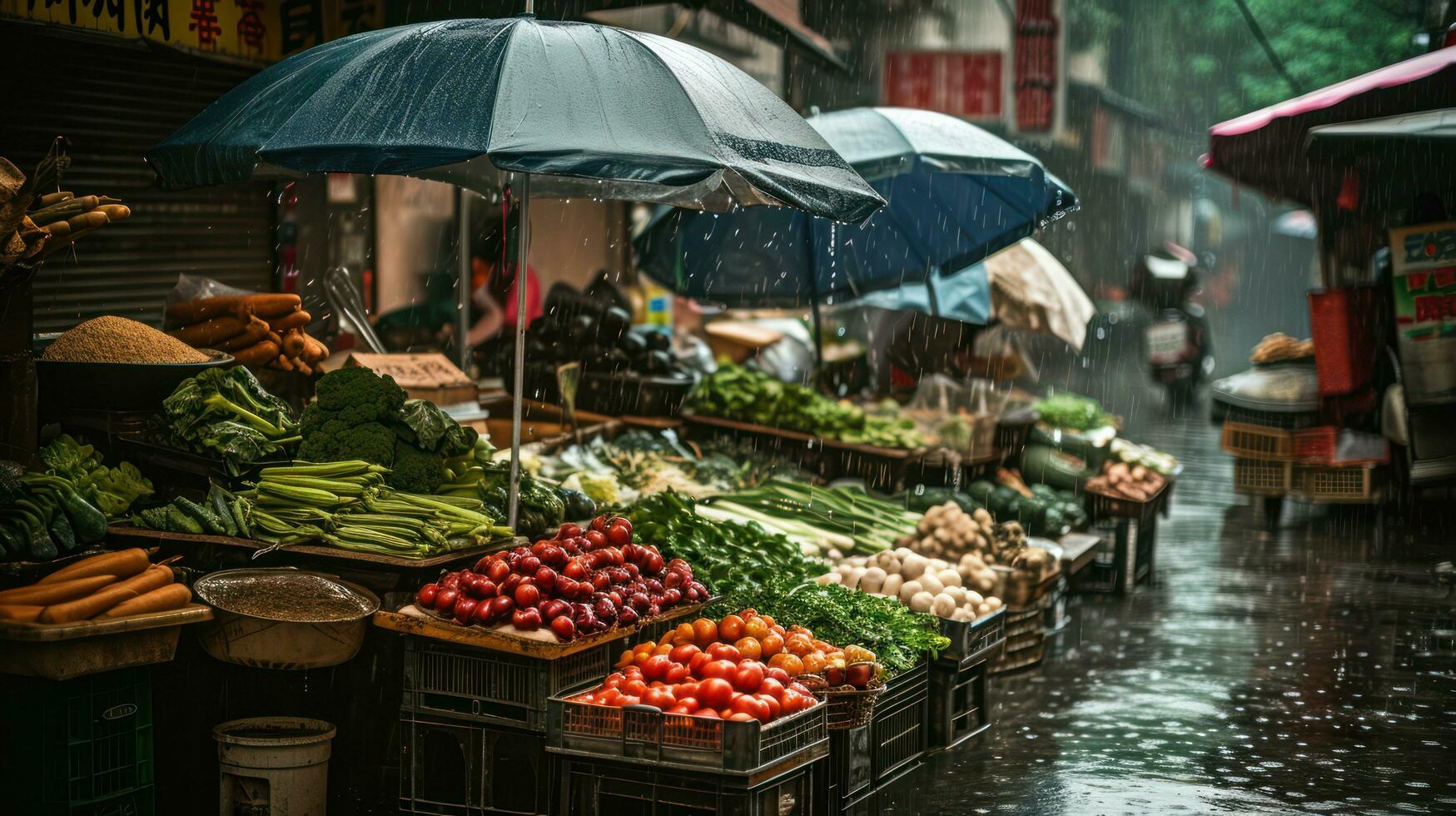 AI generated Generative AI, Traditional oriental asian market with fruits and vegetables under the rain with umbrellas photo