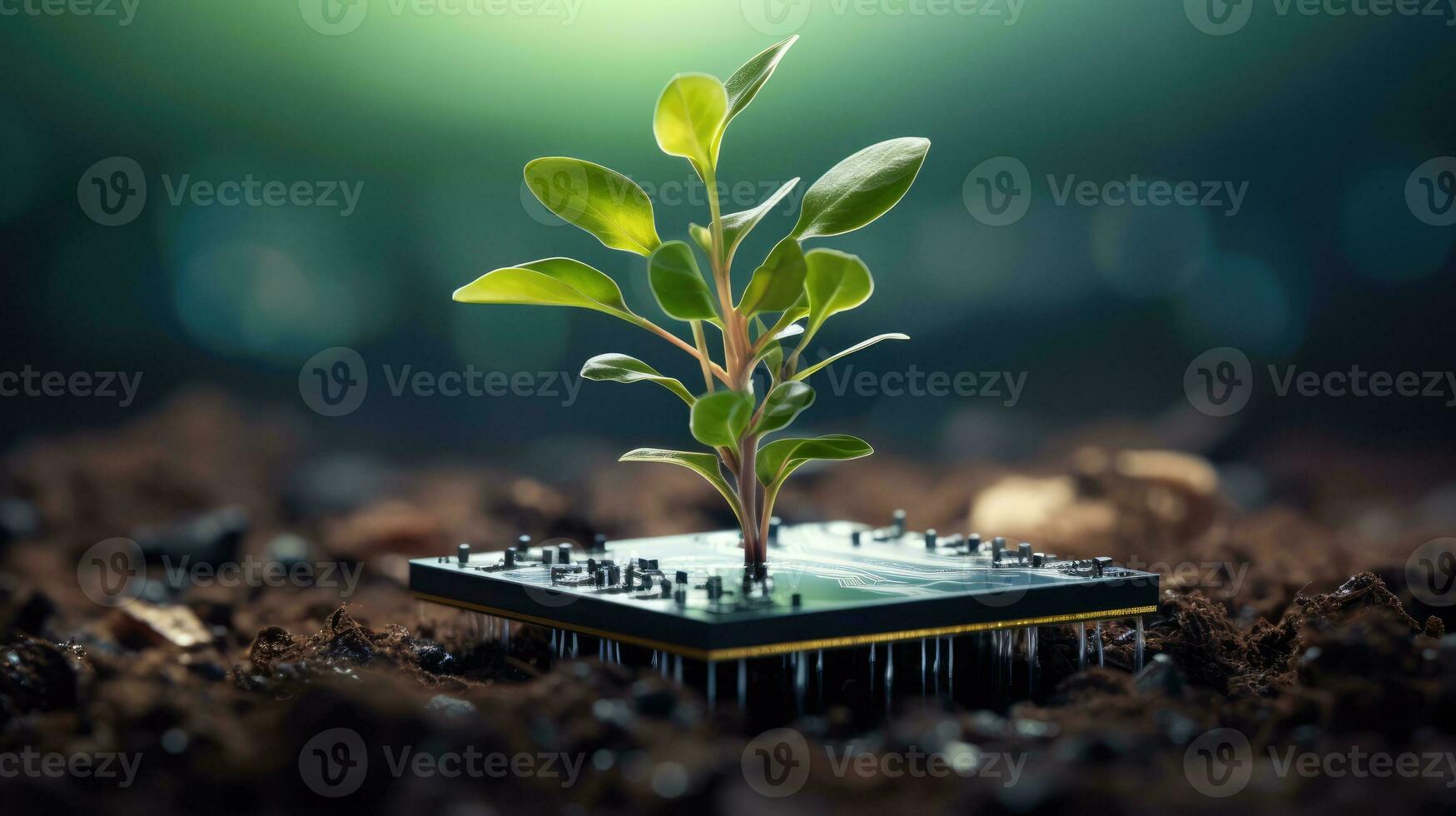 AI generated Generative AI, Plant growing from the circuit board. Ecology and environment concept photo