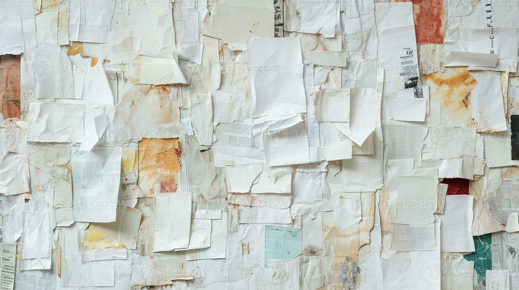 AI generated Generative AI, collage of waste paper pieces, ripped paper with torn, recycling concept photo