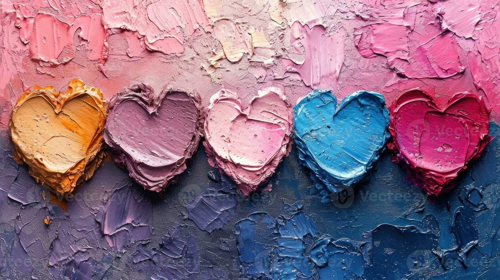 AI generated Generative AI, Closeup of impasto abstract rough colorful art painting texture with different hearts, Valentine day concept photo