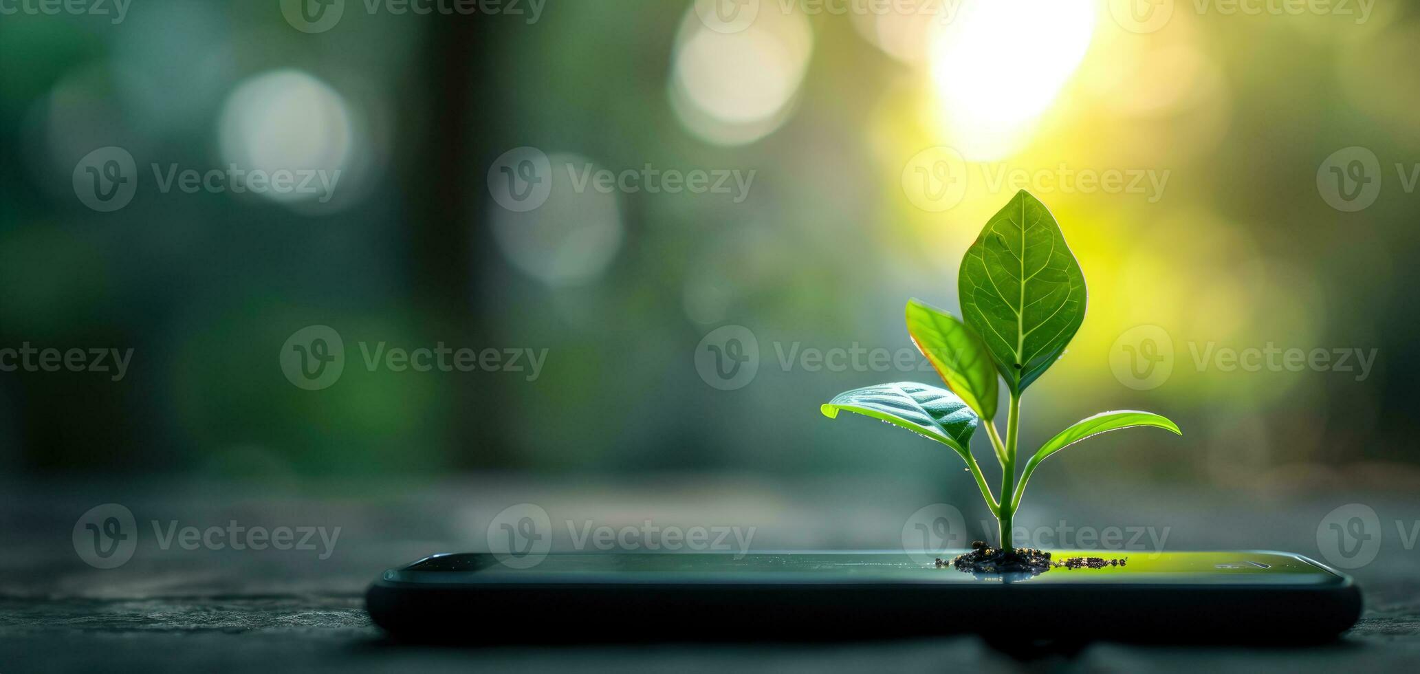 AI generated Generative AI, Plant growing from the smartphone screen. Ecology and environment concept photo