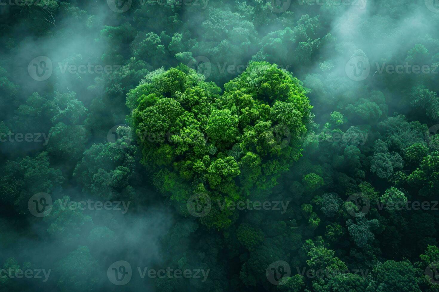 AI generated Generative AI, Green forest with heart shape, beautiful landscape with white clouds, environment love planet concept photo