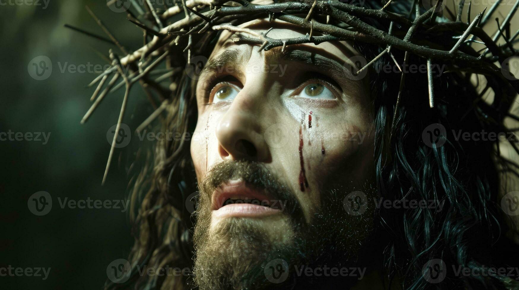 AI generated Generative AI, Jesus Christ in crown of thorns, photo close up