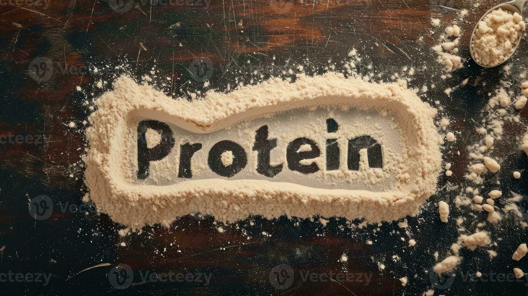 AI generated Generative AI, Whey protein powder with word Protein, sports nutrition, banner with copy space photo
