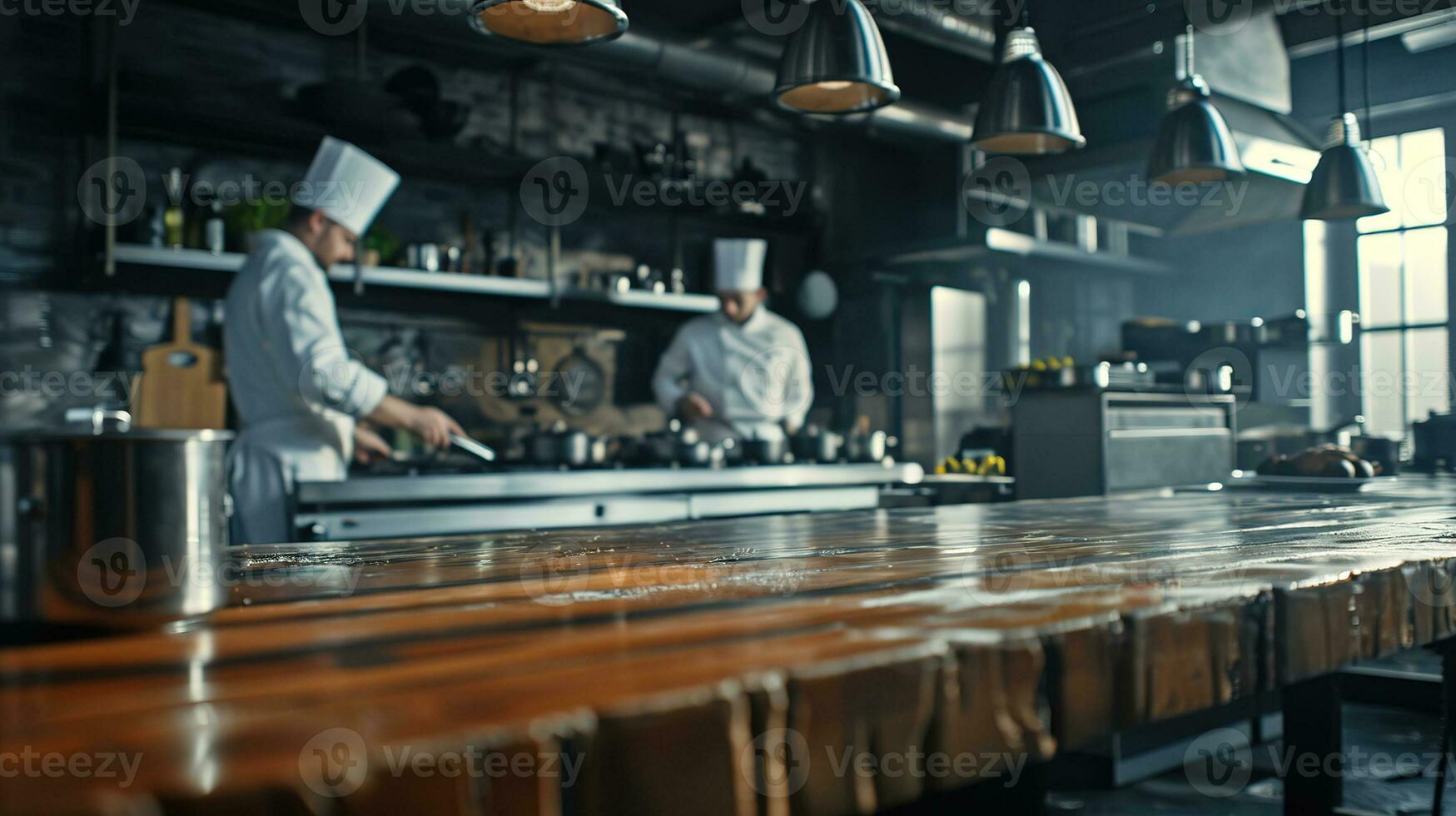 ai generado generativo ai, ocupado cocineros trabajando en el restaurante cocina , borroso antecedentes foto