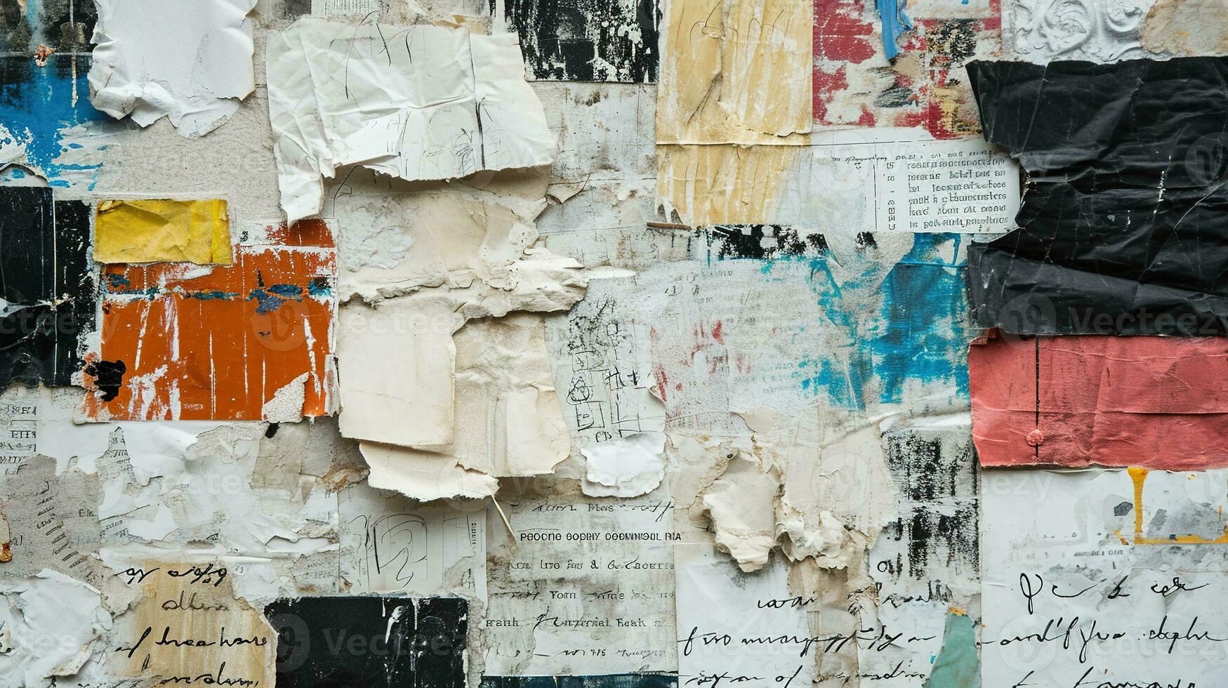 AI generated Generative AI, collage of waste paper pieces, ripped paper with torn, recycling concept photo