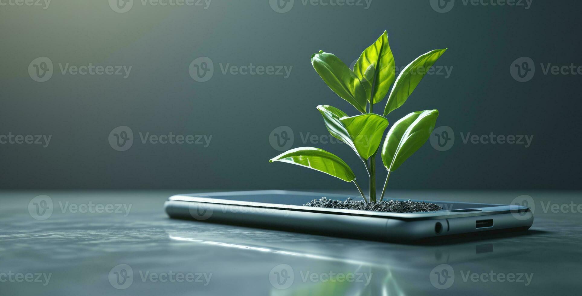 AI generated Generative AI, Plant growing from the smartphone screen. Ecology and environment concept photo