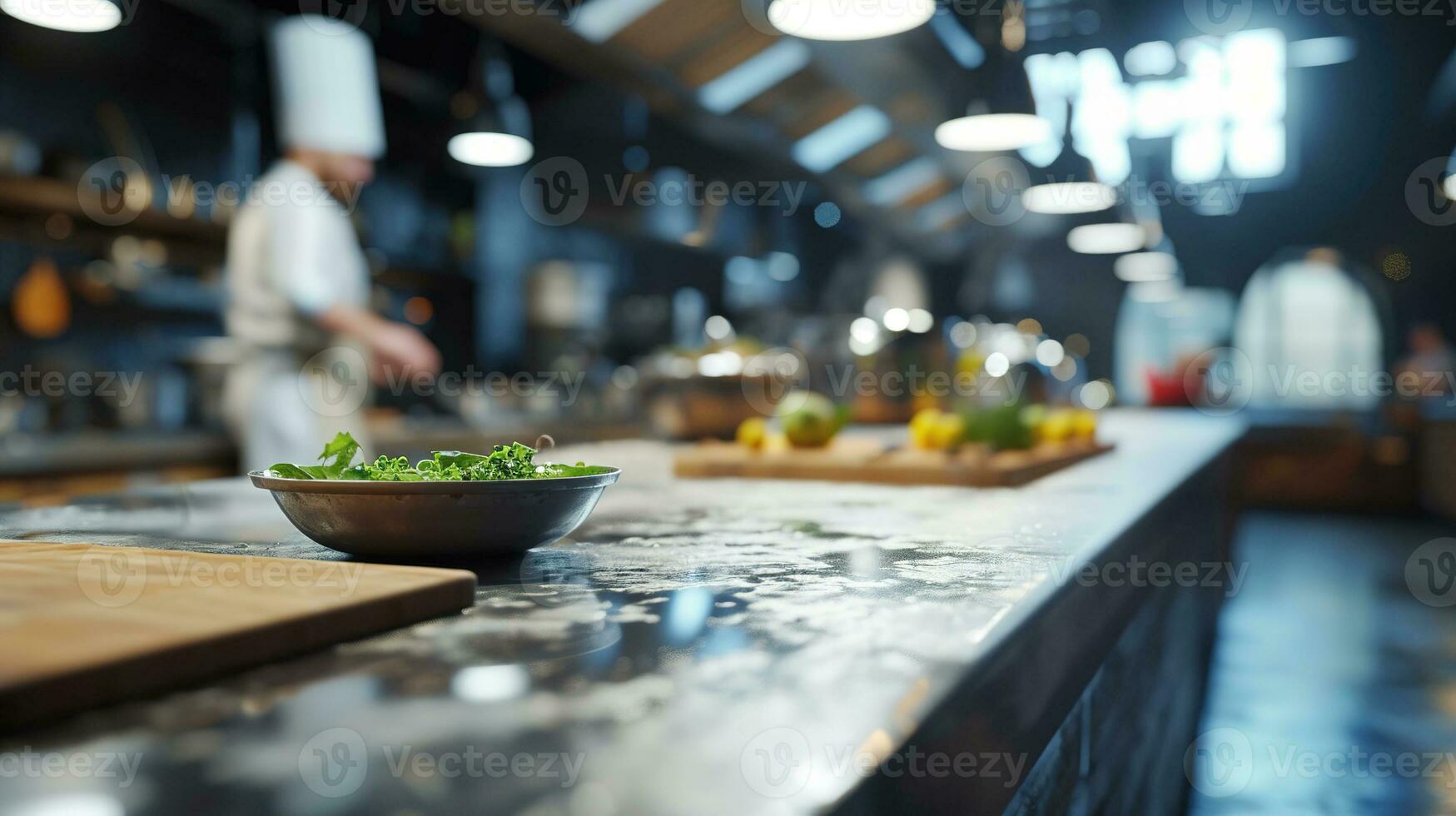 AI generated Generative AI, busy chefs working on the restaurant kitchen , blurred background photo