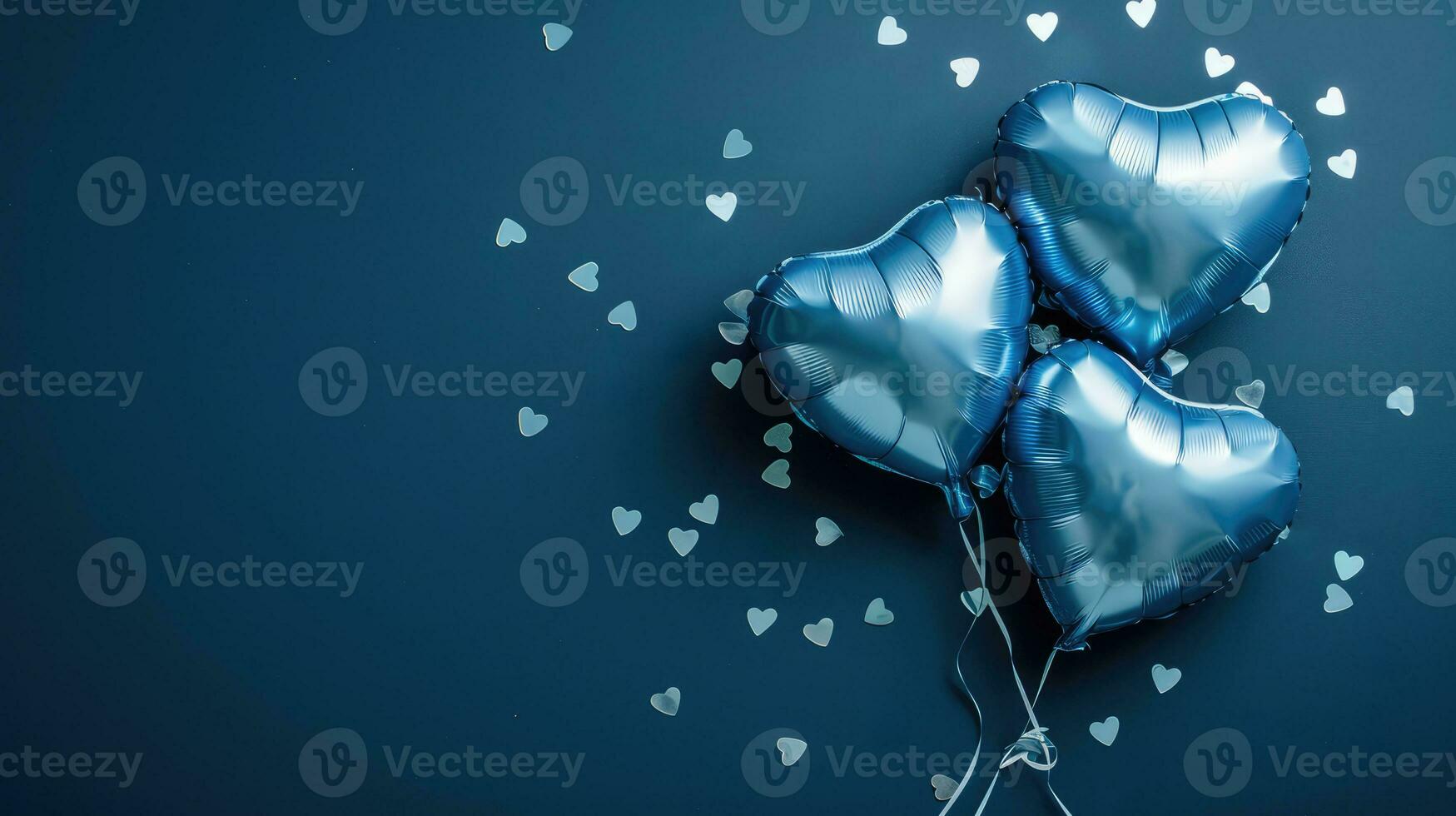 AI generated Generative AI, Foil blue balloons in heart shape and confetti for Valentine's day or wedding with copy space photo