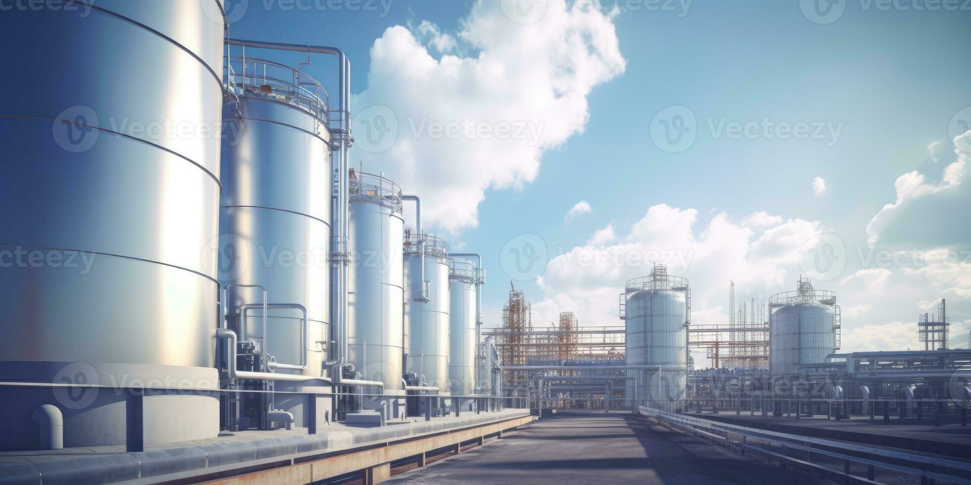 AI generated Generative AI, Hydrogen power plant, large steel tanks and pipes. Green renewable energy production, H2 energy concept photo