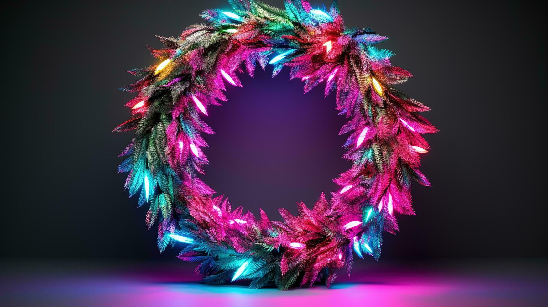 AI generated Generative AI, Christmas wreath in cyberpunk style, futuristic nostalgic 80s, 90s. Neon lights vibrant colors. photo