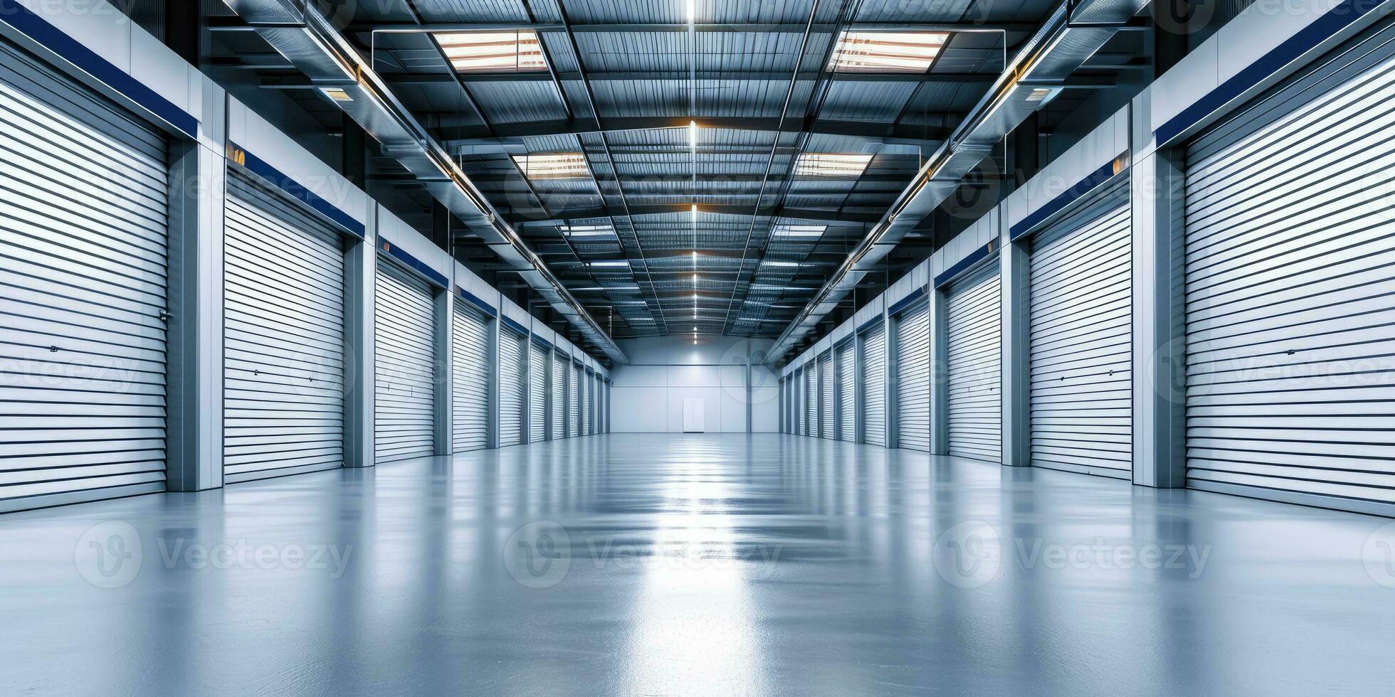 AI generated Generative AI, Mini metal self storage facilities rental units, warehouse exterior, industry garage building. photo