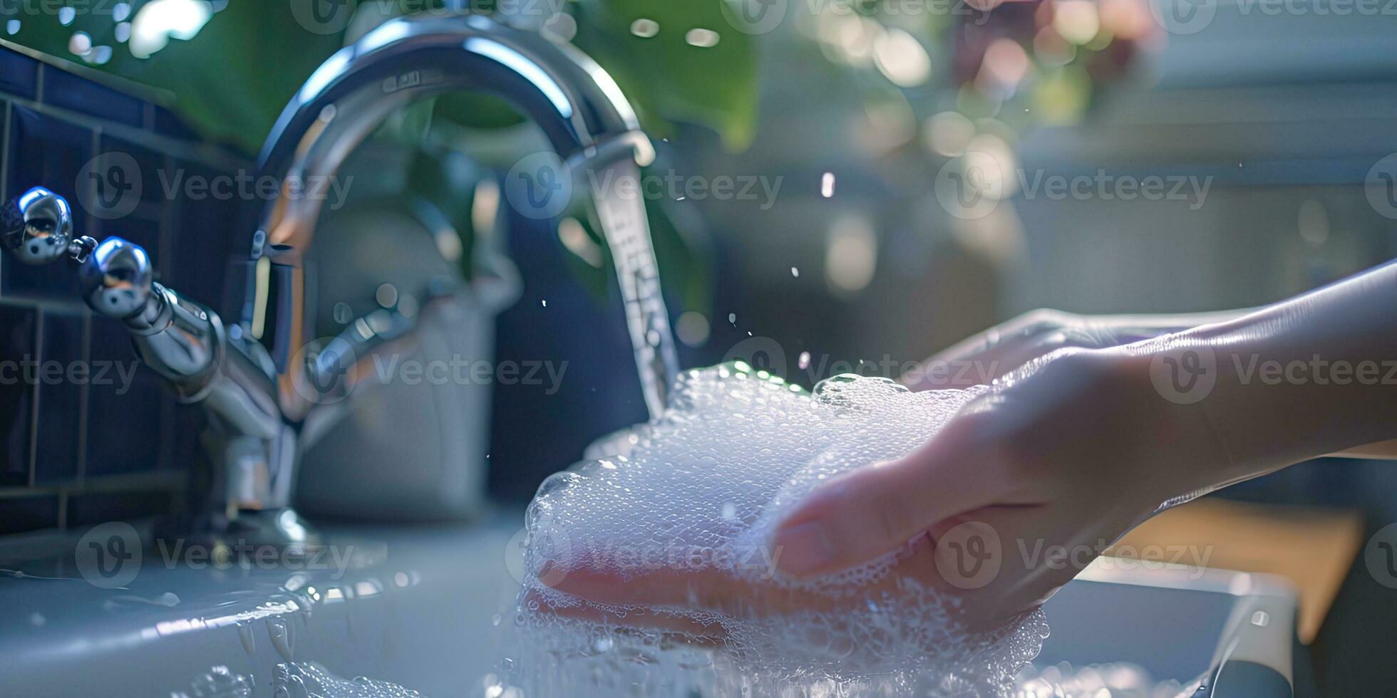 AI generated Generative AI, person washing hands with soap and water at sink, hygiene concept photo
