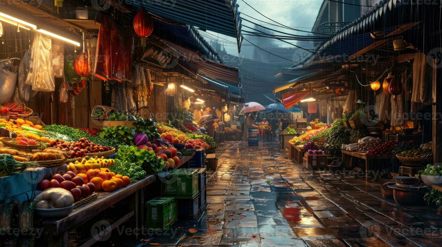 AI generated Generative AI, Traditional oriental asian market with fruits and vegetables under the rain with umbrellas photo