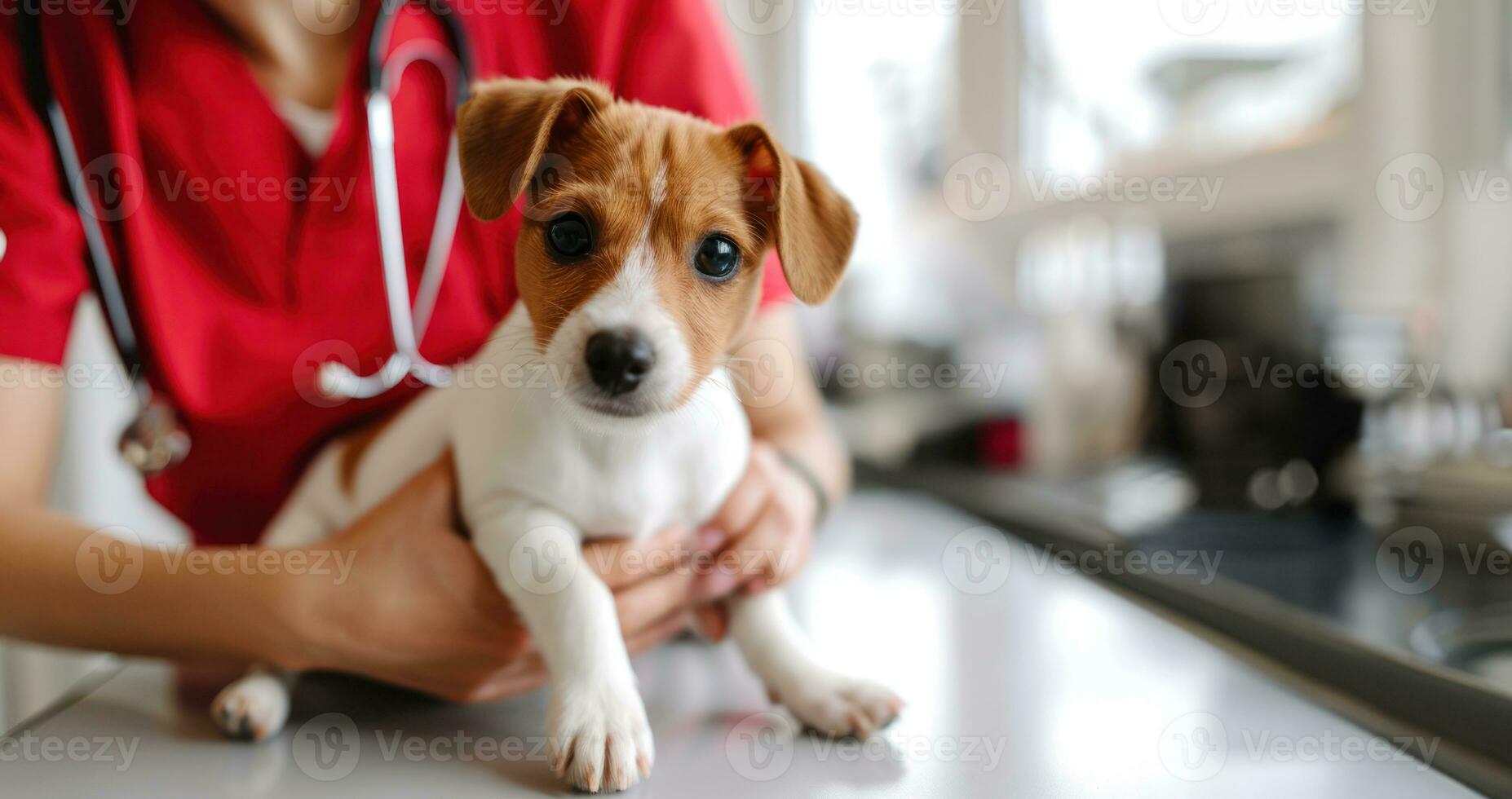 AI generated Generative AI, cute small dog being examined by professional veterinarian in vet clinic photo