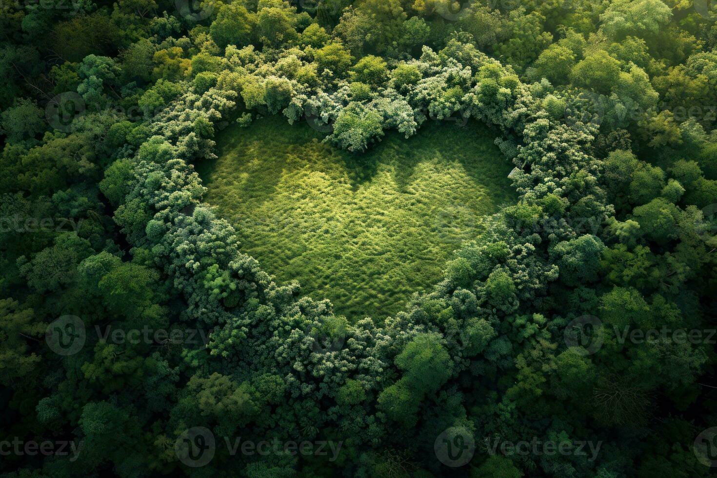 ai generado generativo ai, verde bosque con corazón forma, hermosa paisaje con blanco nubes, ambiente amor planeta concepto foto